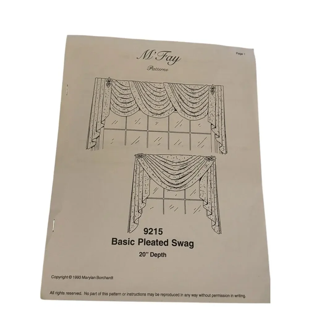 M’Fay 9215 Basic Pleated Swag Window Valance Sewing Pattern 20” Depth Seamstress